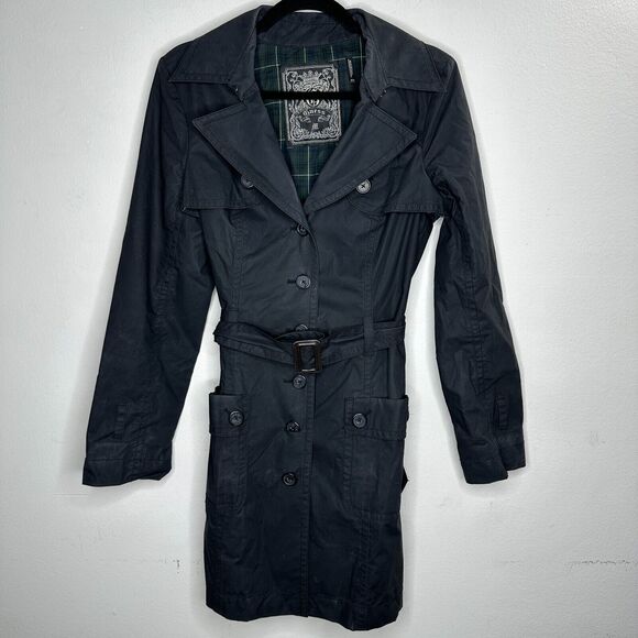 Guess Black Button Down Belted Trench Coat Navy and Green Plaid Interior M - Picture 13 of 13